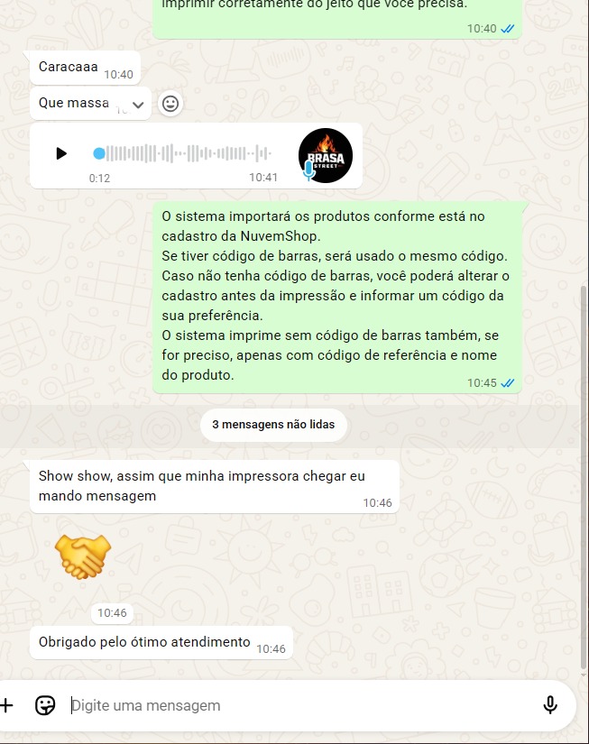 Conversa de WhatsApp com o lojista: Caracaaa, que massa — e Obrigado pelo ótimo atendimento